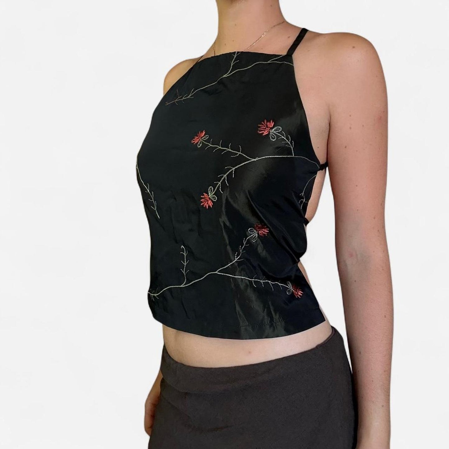 Black and red floral halter top