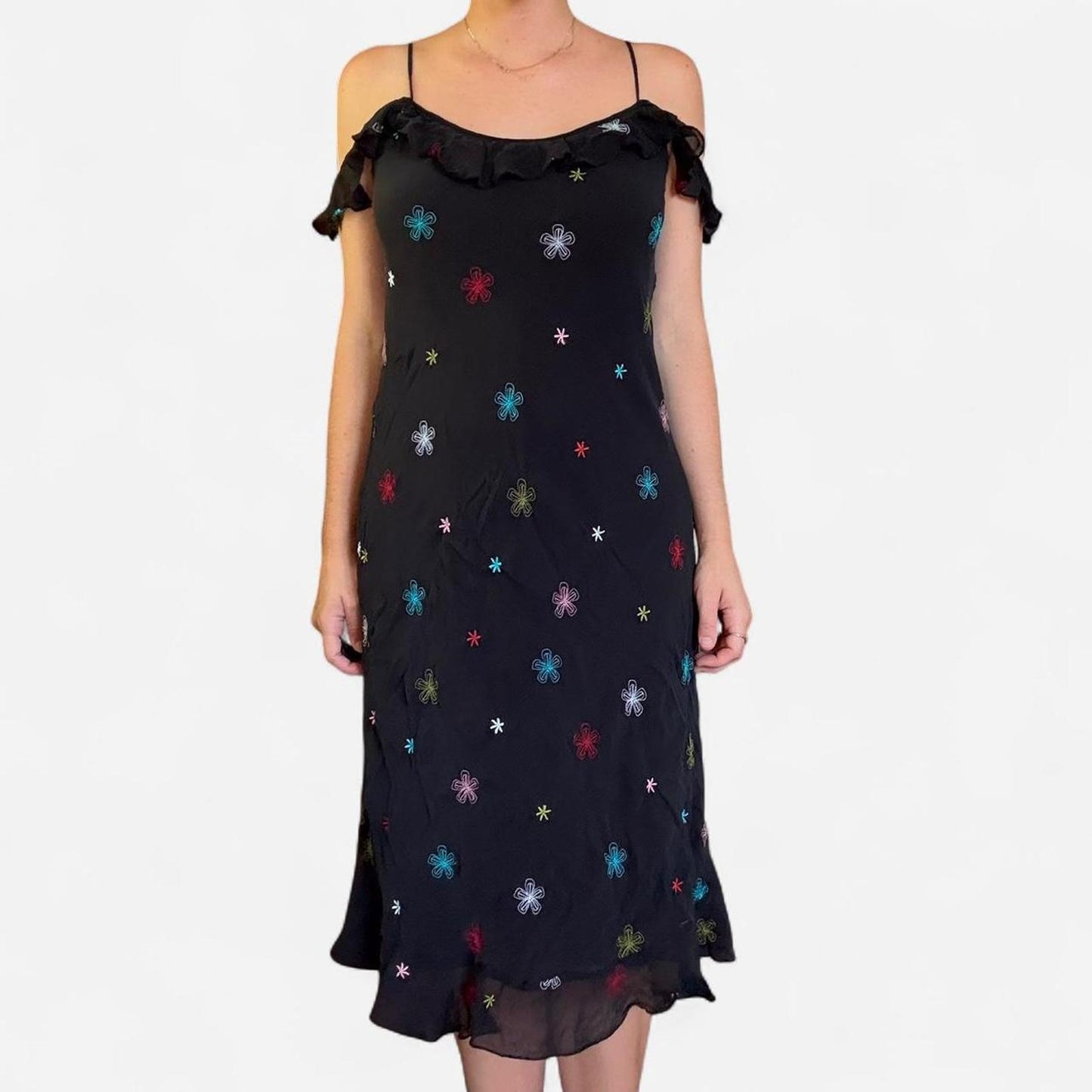 Black midi dress with multi coloured dress