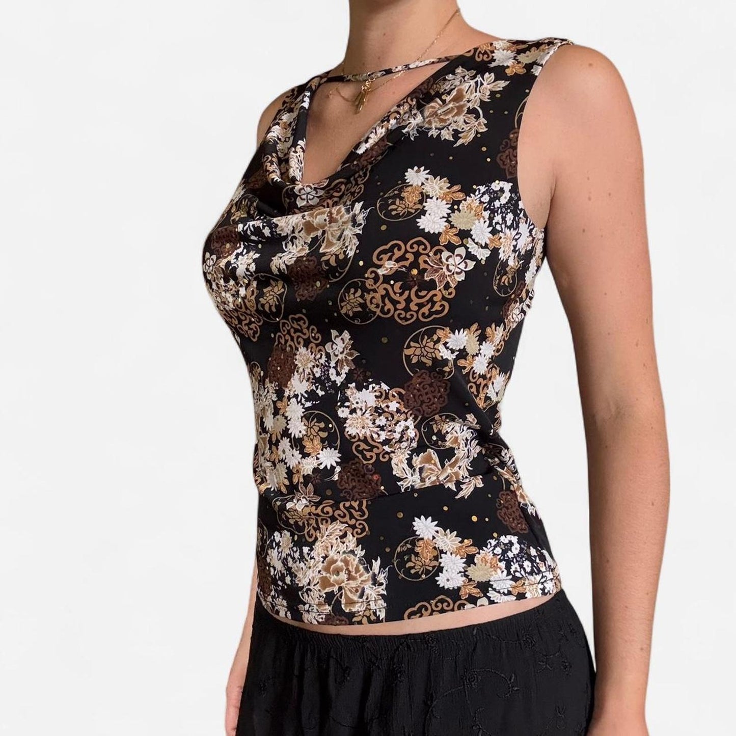 Brown and gold vintage floral cowl neck top