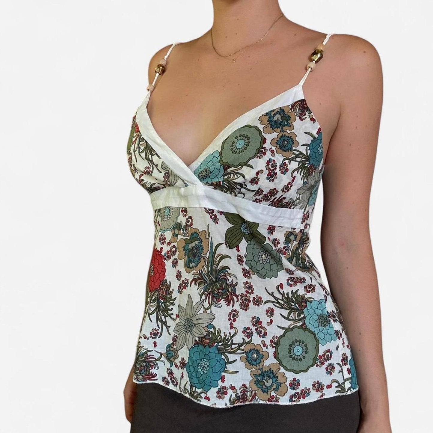 White and multi coloured floral print cami top