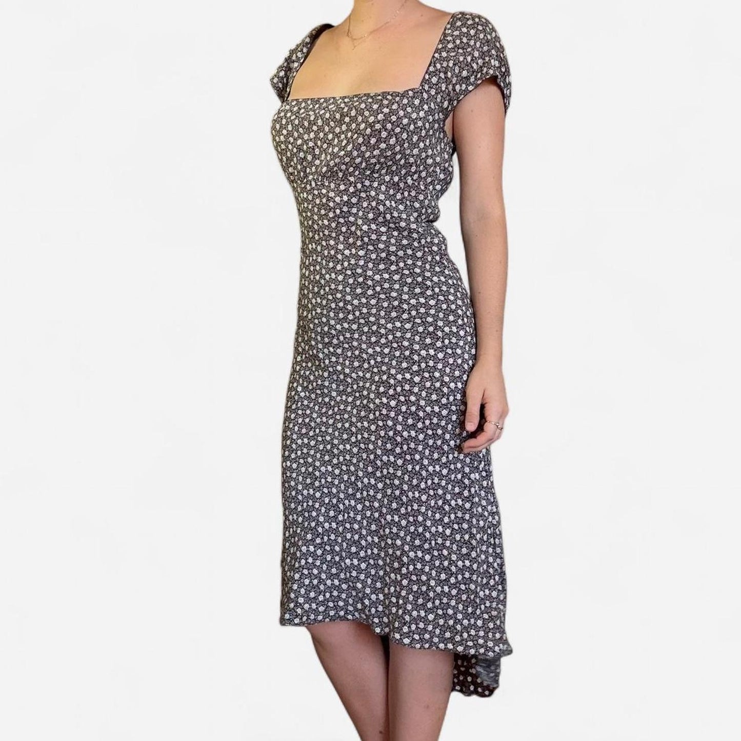 Brown and white floral milkmaid midi dress