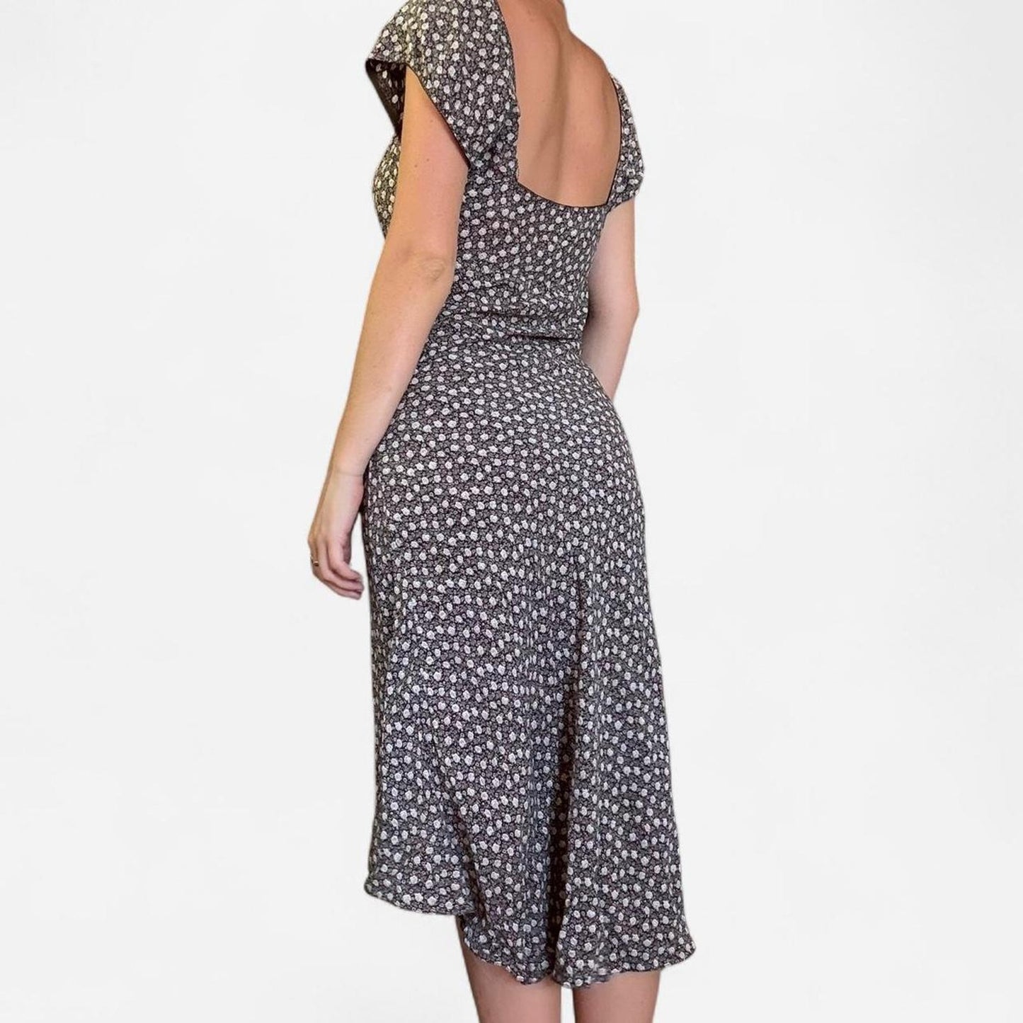 Brown and white floral milkmaid midi dress