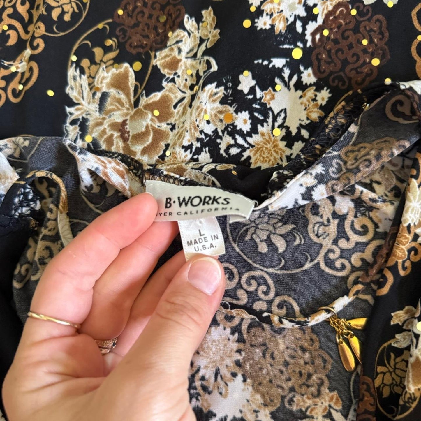 Brown and gold vintage floral cowl neck top