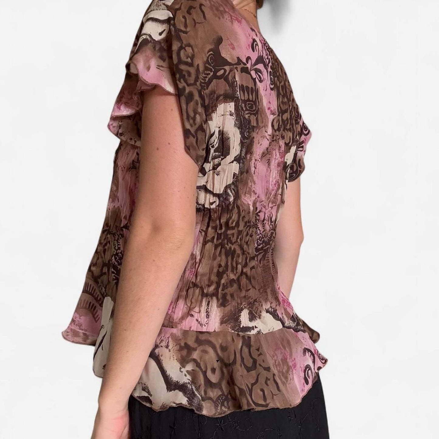 Brown and pink floral vintage button-up top