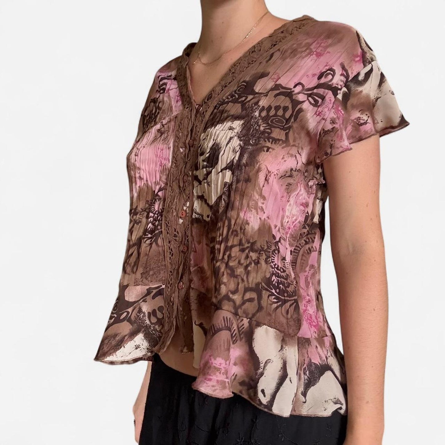 Brown and pink floral vintage button-up top