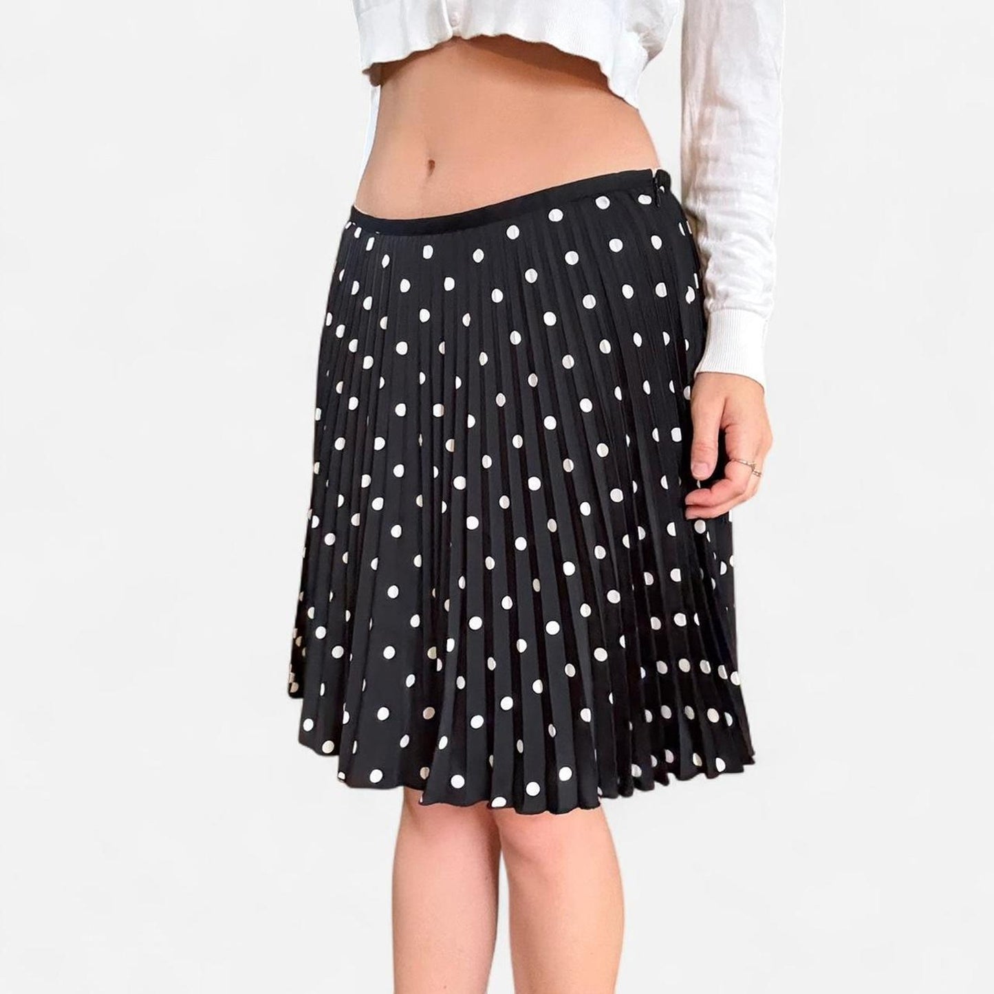 Black and white polka dot pleated midi skirt