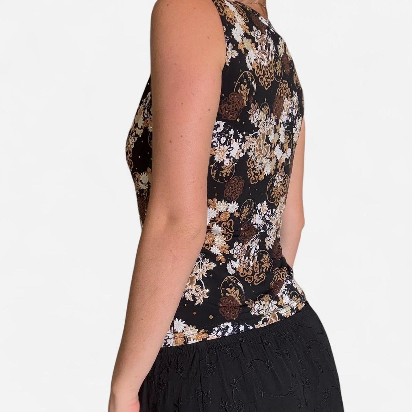 Brown and gold vintage floral cowl neck top