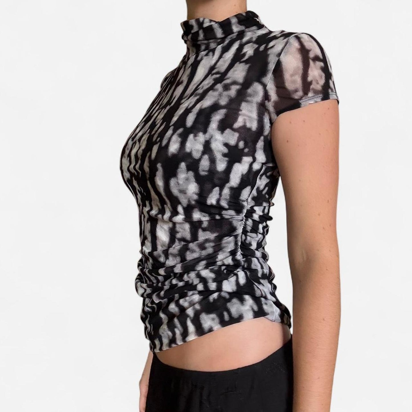 Black and white tie dye sheer mesh turtleneck top