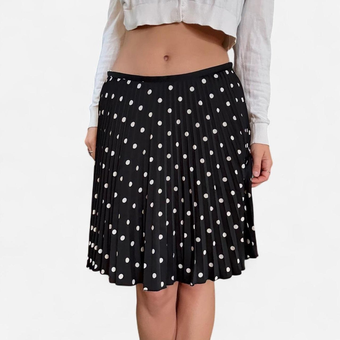 Black and white polka dot pleated midi skirt