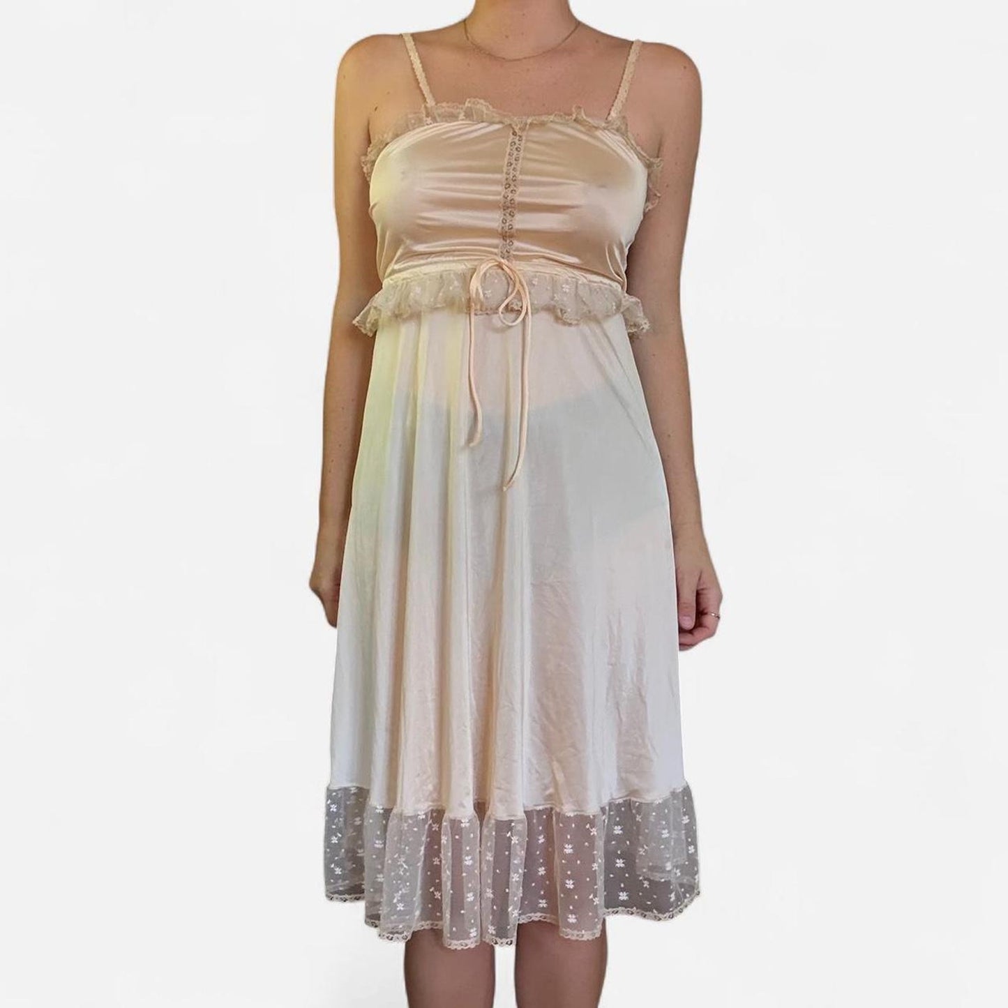 Light pink vintage silk and lace midi dress