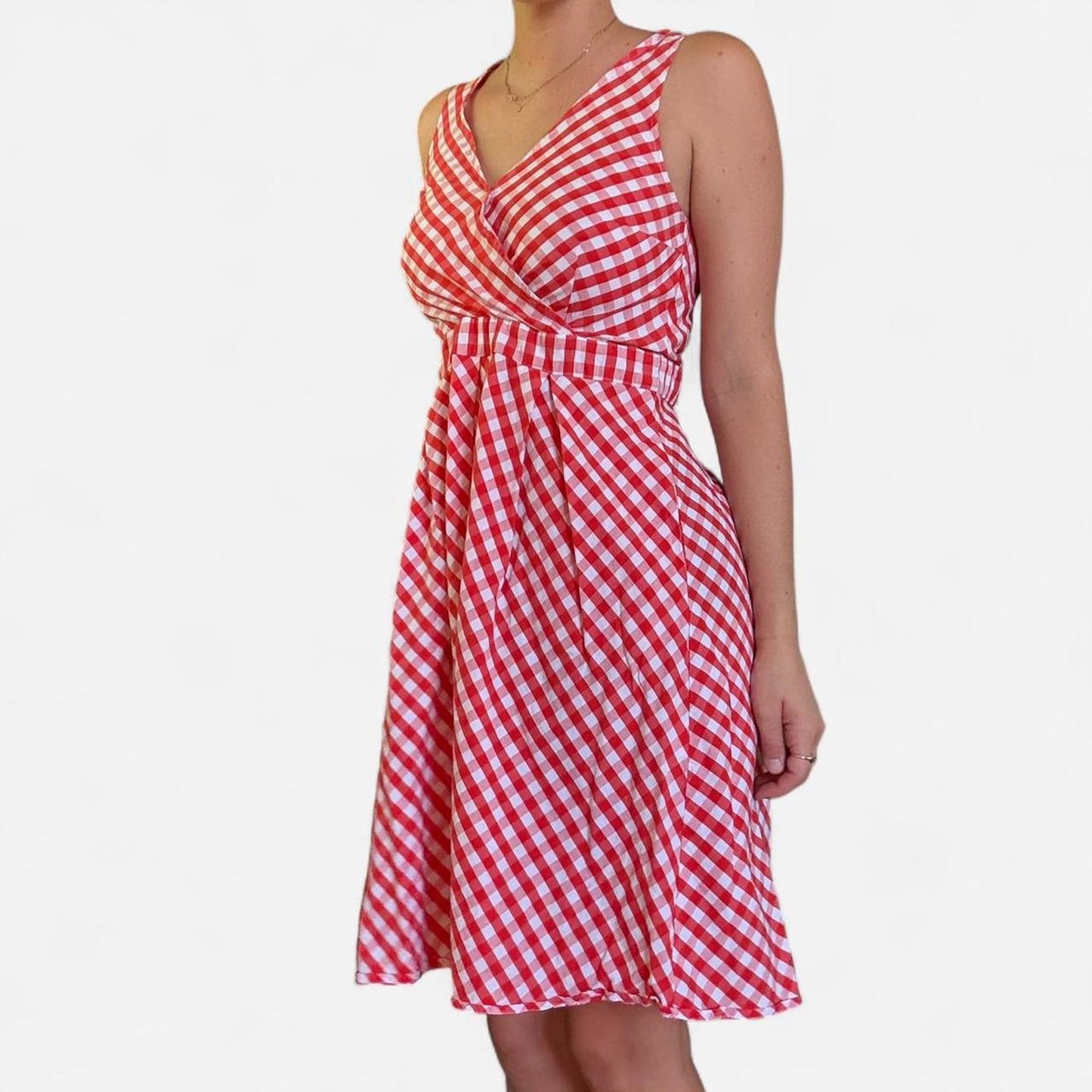 Red and white gingham midi dress