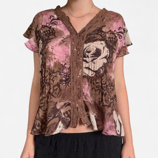 Brown and pink floral vintage button-up top