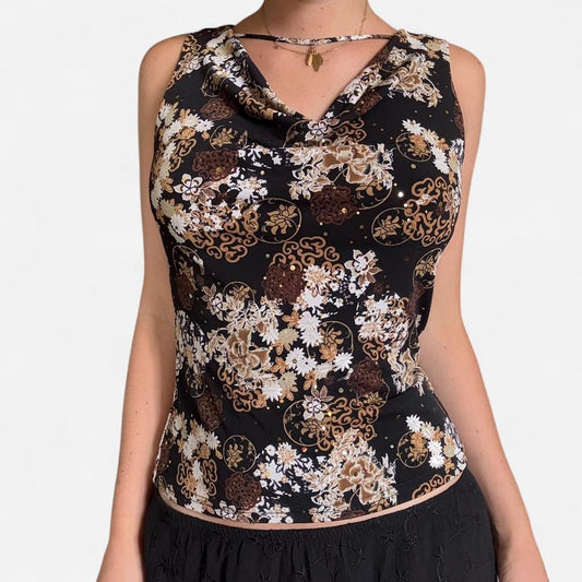 Brown and gold vintage floral cowl neck top