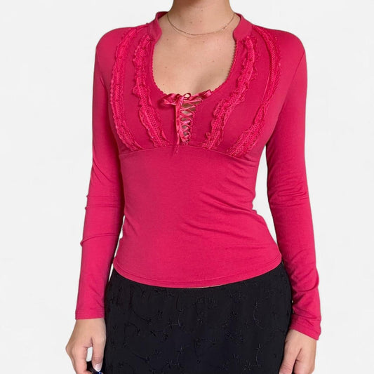 Pink lace up long sleeve top
