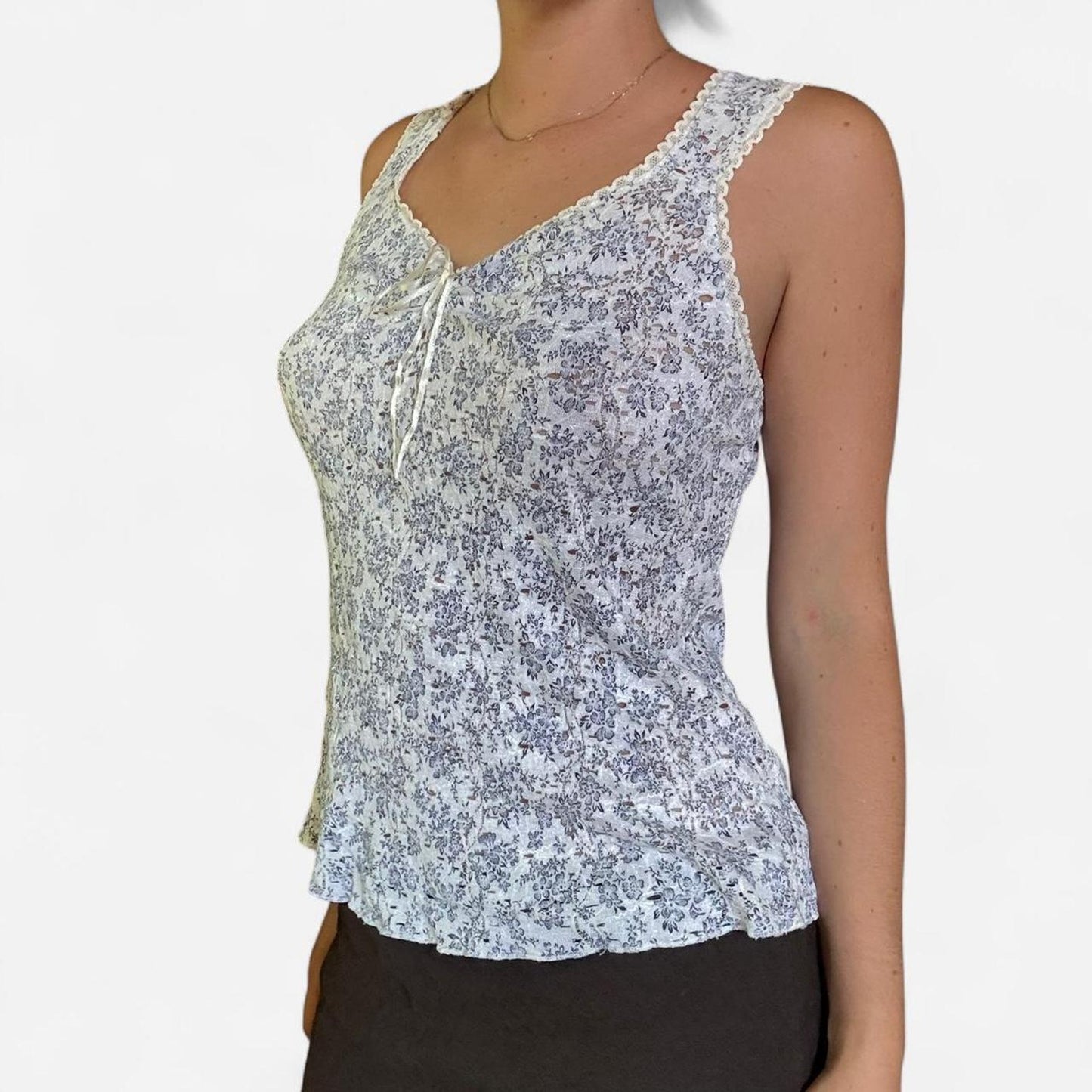 White and blue floral lace tank top