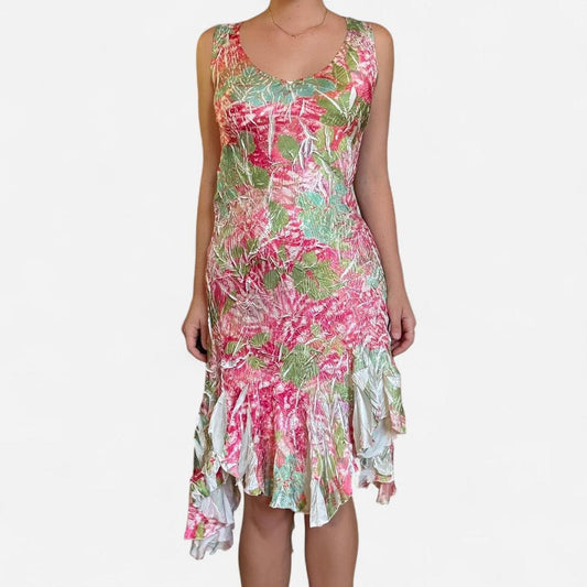 Pink and green vintage v-neck floral print dress with asymmetric hem