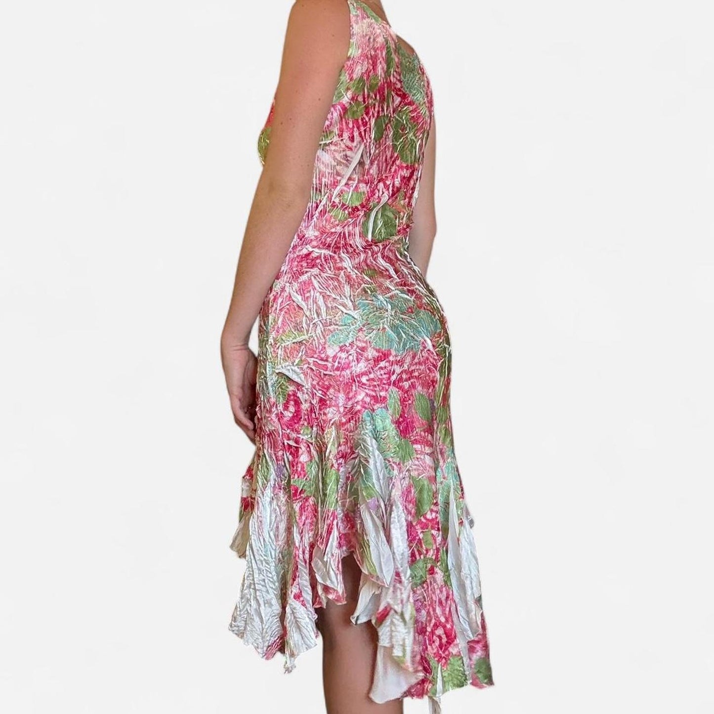 Pink and green vintage v-neck floral print dress with asymmetric hem
