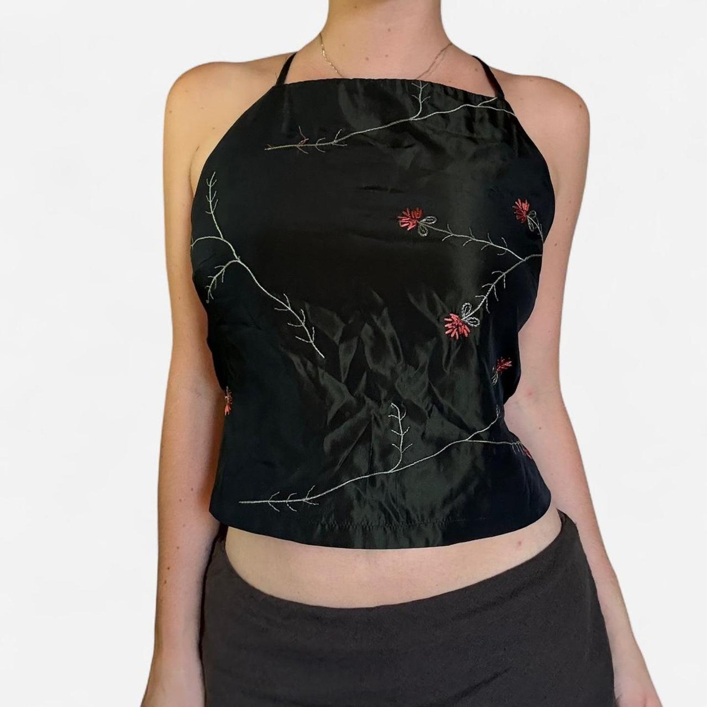 Black and red floral halter top