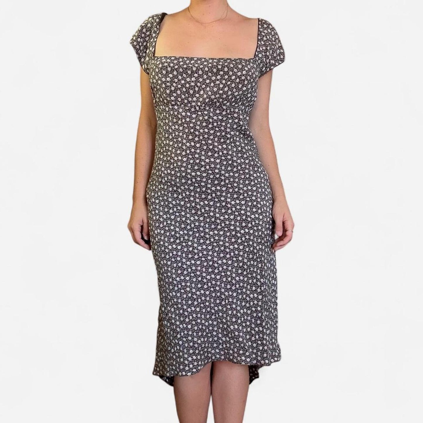 Brown and white floral milkmaid midi dress