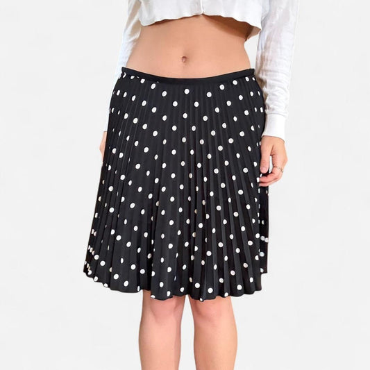 Black and white polka dot pleated midi skirt