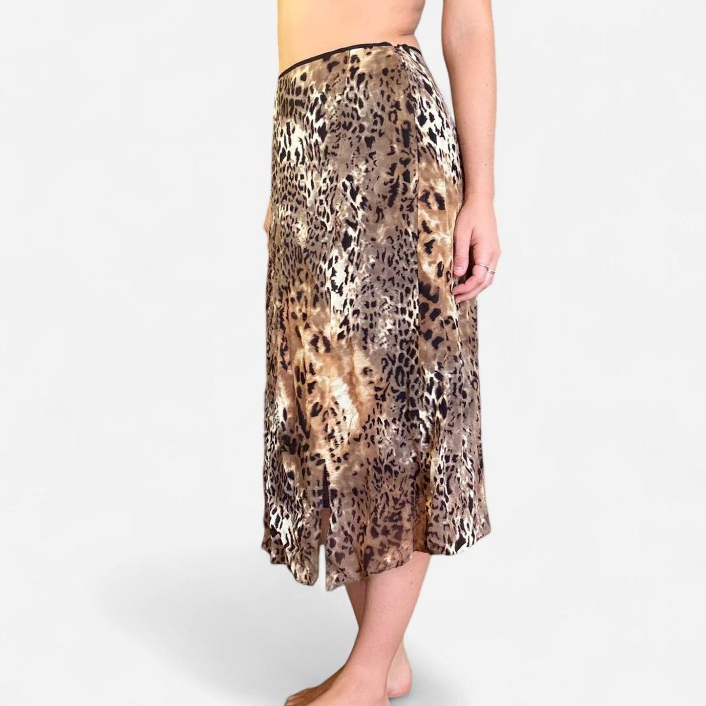 Brown and tan leopard print midi skirt
