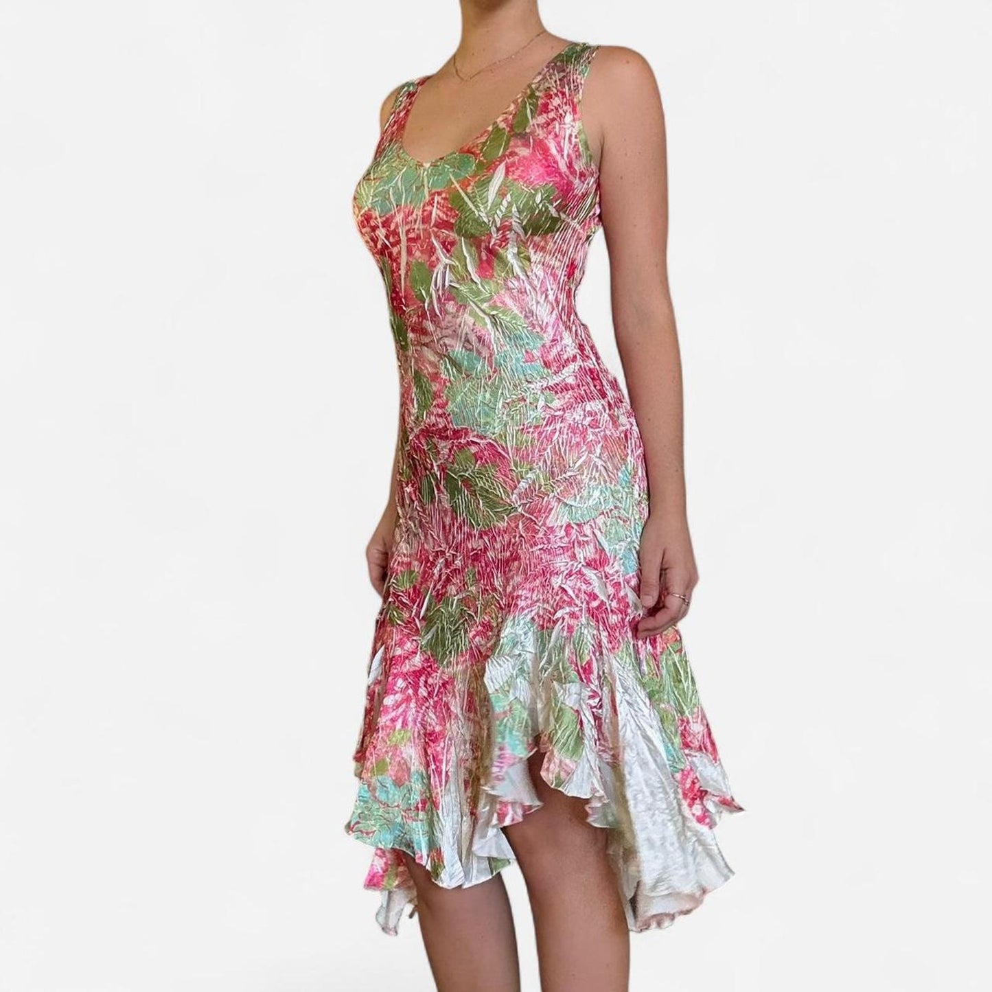 Pink and green vintage v-neck floral print dress with asymmetric hem