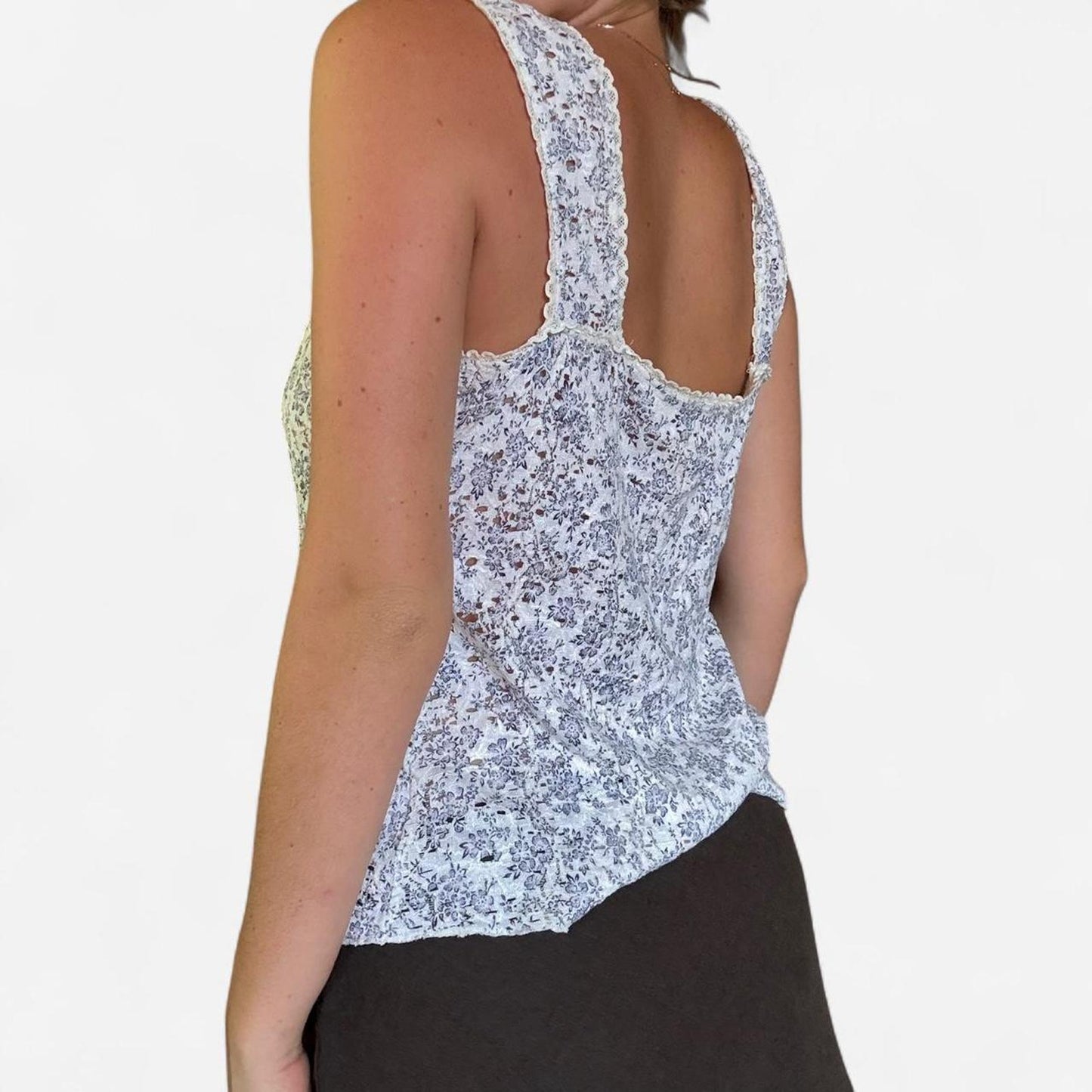 White and blue floral lace tank top