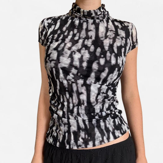 Black and white tie dye sheer mesh turtleneck top