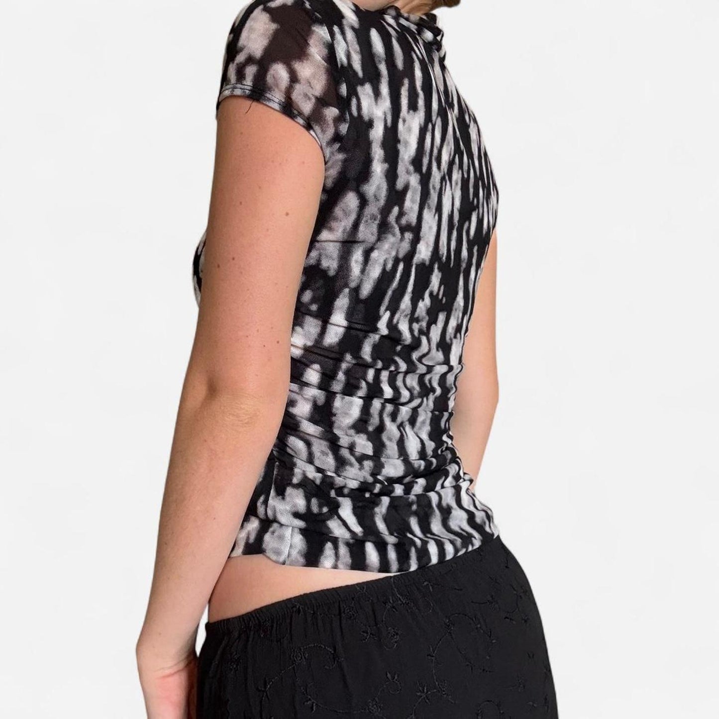 Black and white tie dye sheer mesh turtleneck top