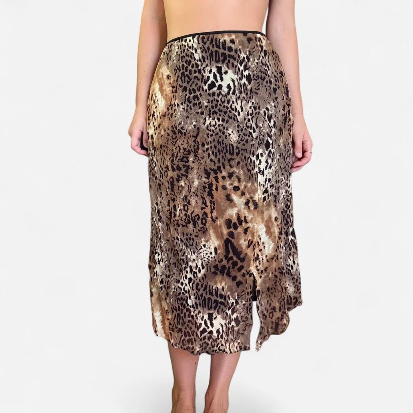 Brown and tan leopard print midi skirt