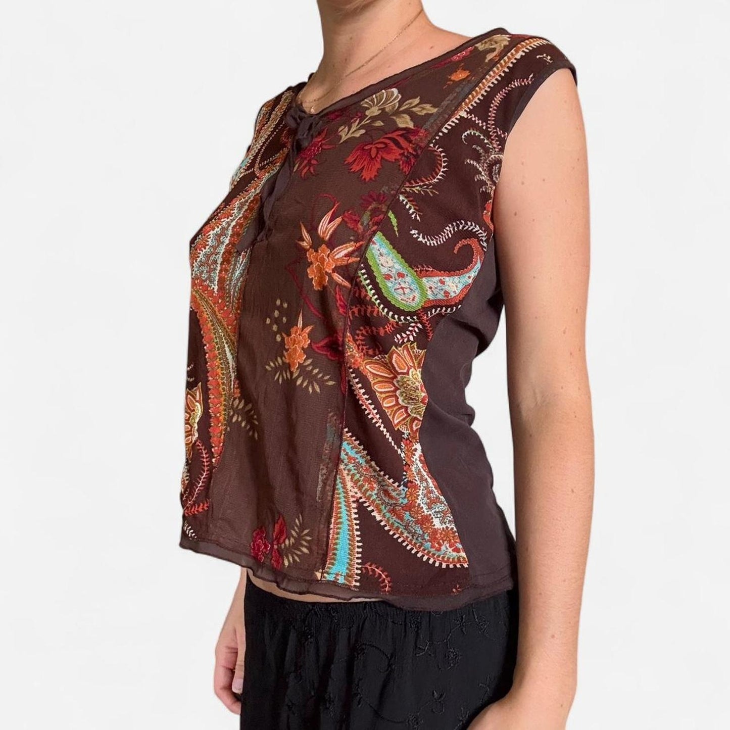 Brown and orange paisley tie top