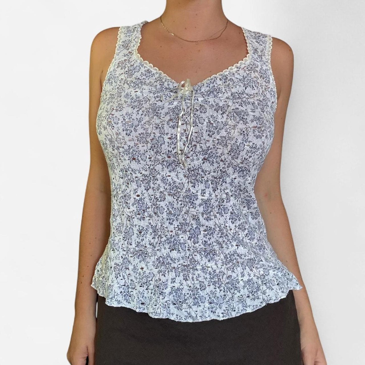 White and blue floral lace tank top