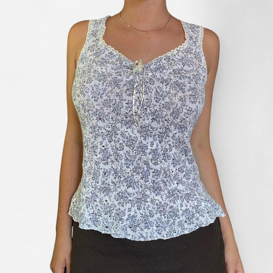 White and blue floral lace tank top