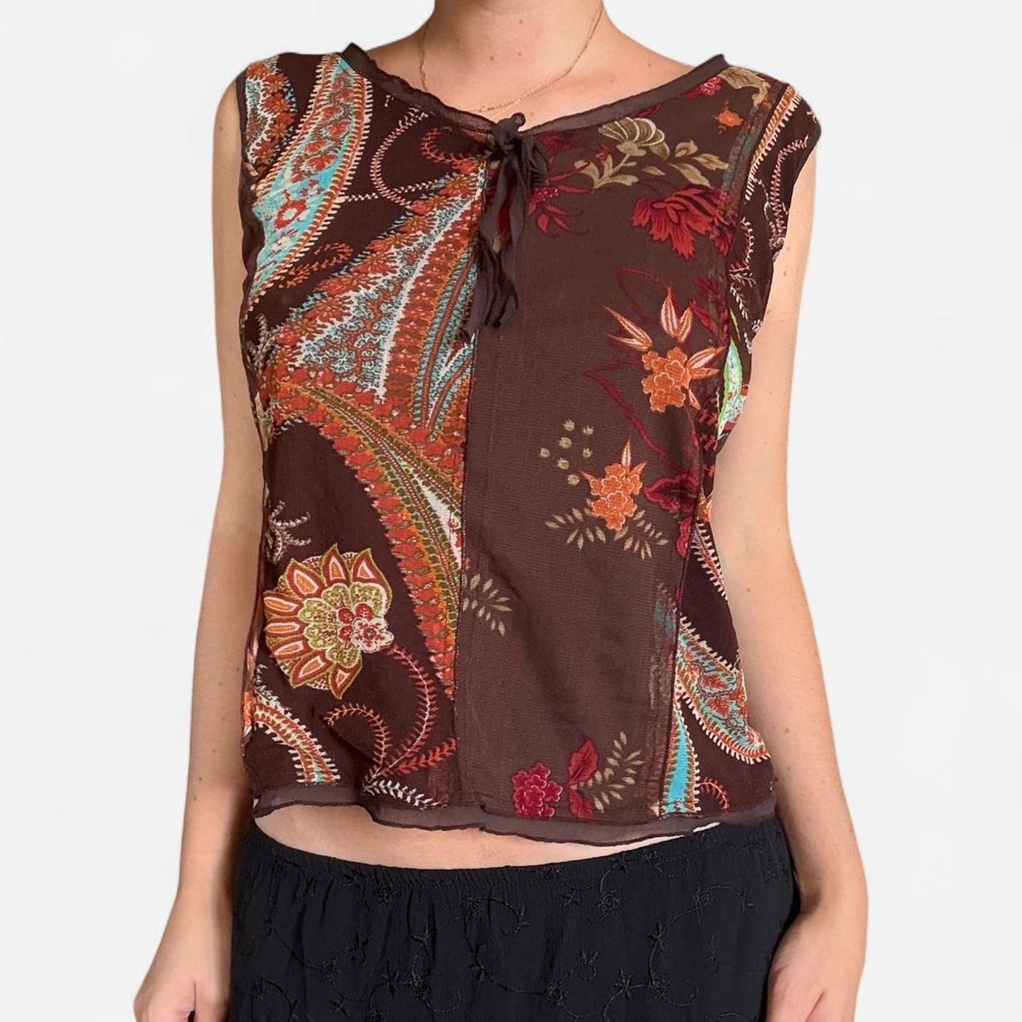 Brown and orange paisley tie top
