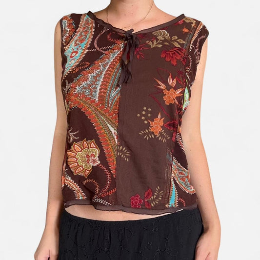 Brown and orange paisley tie top