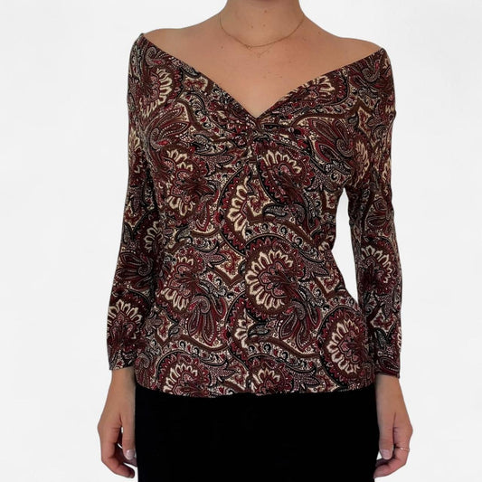 Burgundy and brown paisley print top