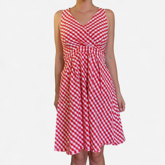 Red and white gingham midi dress