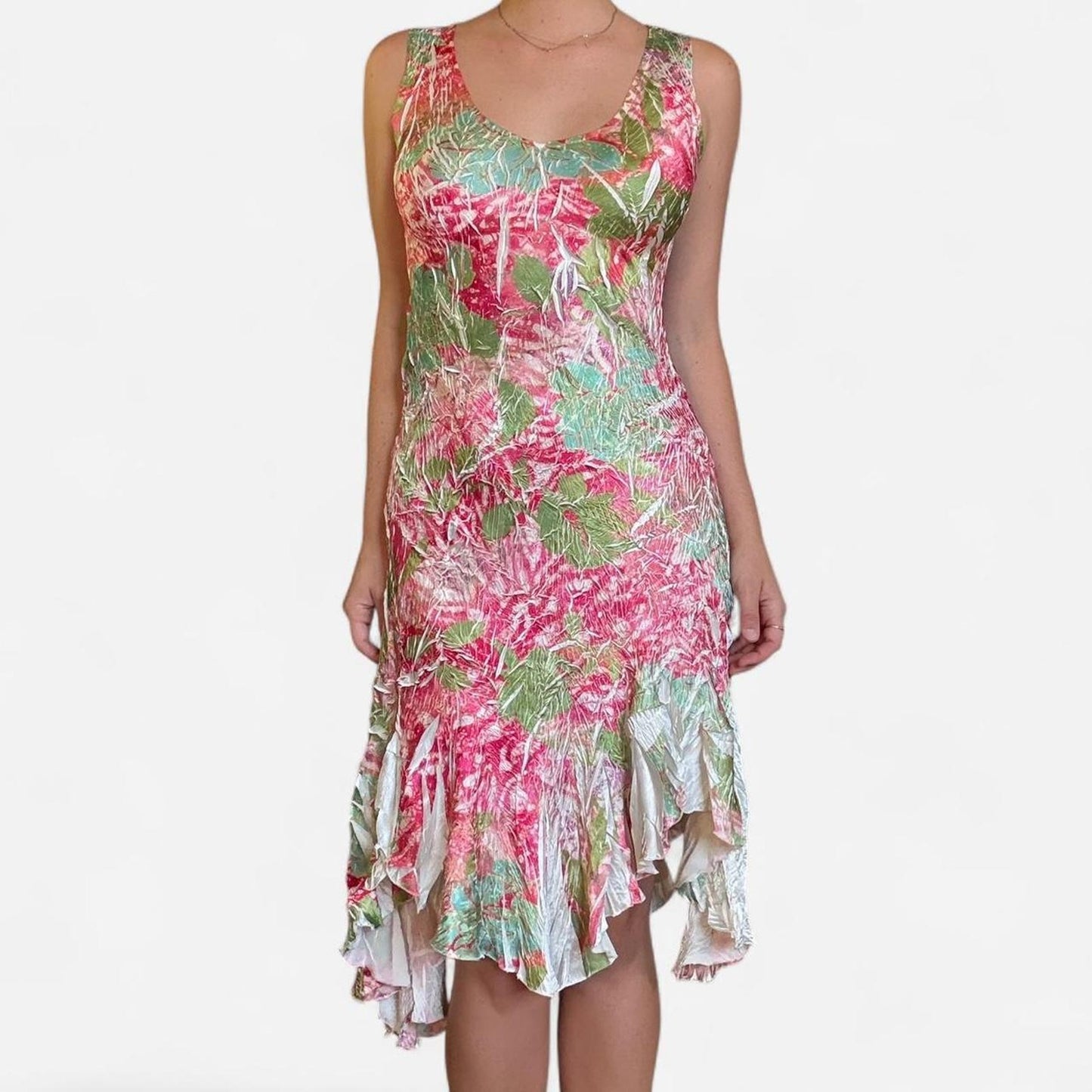 Pink and green vintage v-neck floral print dress with asymmetric hem