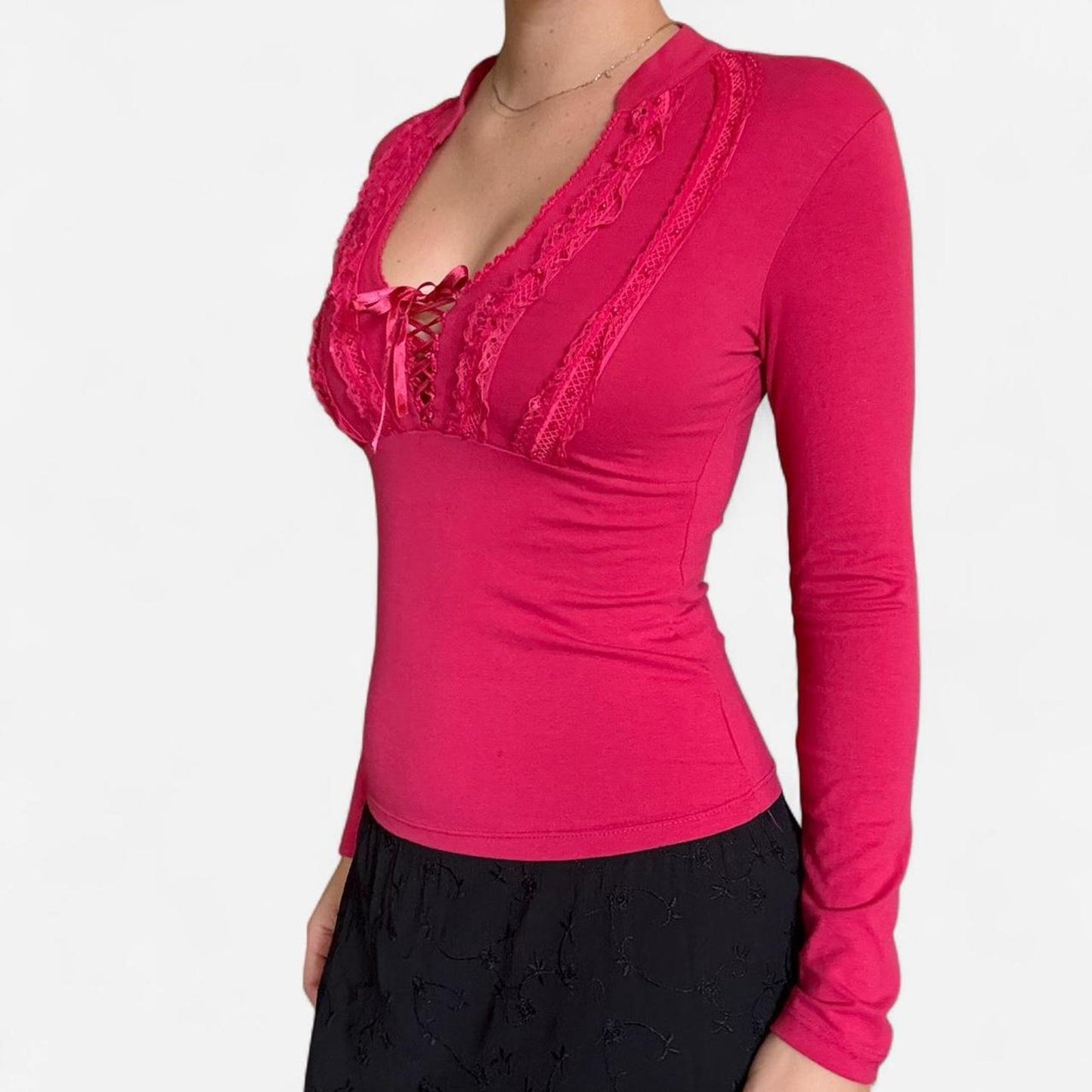 Pink lace up long sleeve top