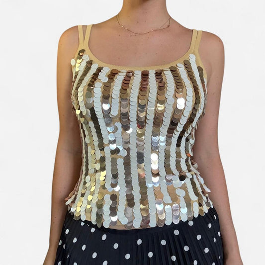 Gold sequin vintage striped tank top