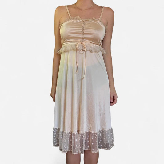 Light pink vintage silk and lace midi dress